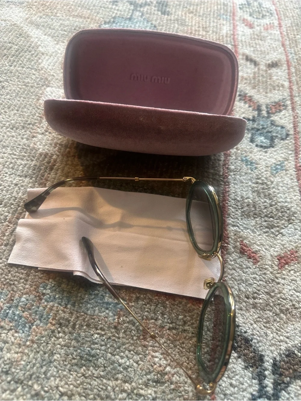 Miu Miu Green Round Frame Sunglasses with Pink Hard Case
